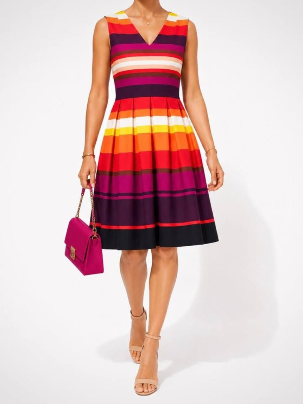 Colorful Striped V-Neck Fit & Flare Semi Formal Sleeveless Party Dress [size 8]